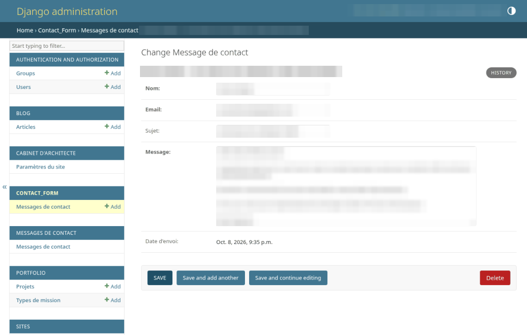 Message de contact : nom, e-mail, sujet, message, date d’envoi