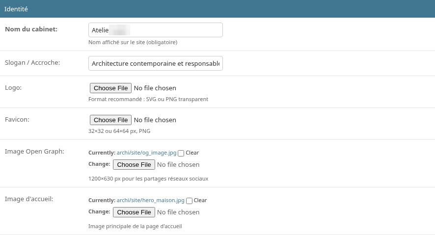 Section Identité : nom du cabinet, slogan, logo, favicon, image Open Graph, image d’accueil