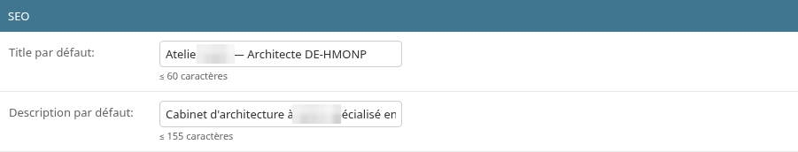 Section SEO : title par défaut et description par défaut