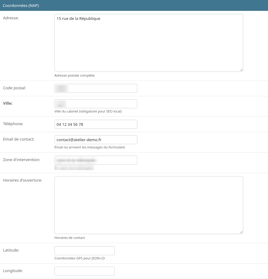Section Coordonnées : adresse, code postal, ville, téléphone, e-mail de contact, zone d’intervention, horaires, latitude, longitude