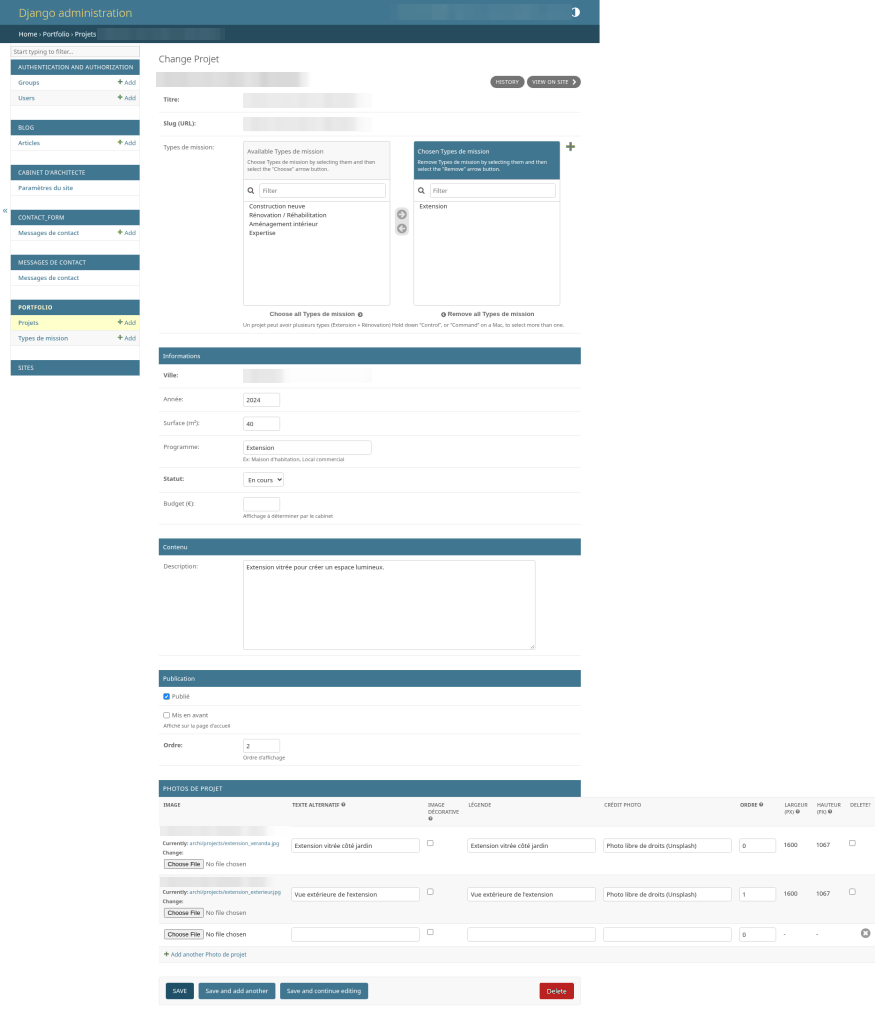 Fiche projet : titre, types de mission, informations, description, publication et photos du projet