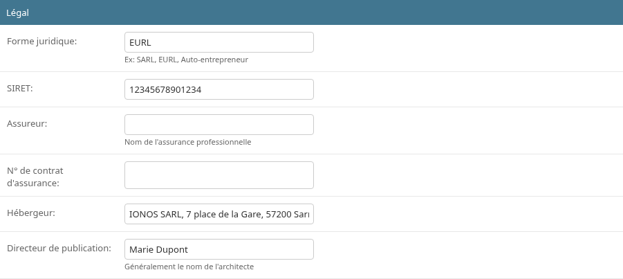 Section Légal : forme juridique, SIRET, assureur, numéro de contrat, hébergeur, directeur de publication